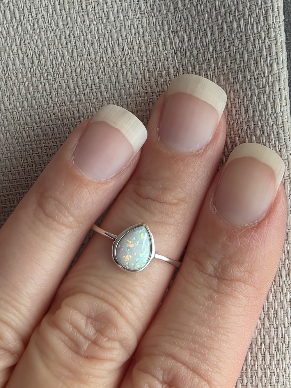 Silver Teardrop Opal Ring - Iridescent White Opal